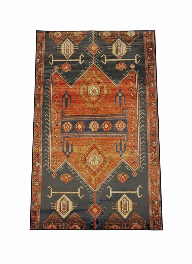 6' x 9' rectangular area rug featuring a multi-color southwestern geometric pattern in rust, charcoal, cream, and warm earth tones with a decorative border.