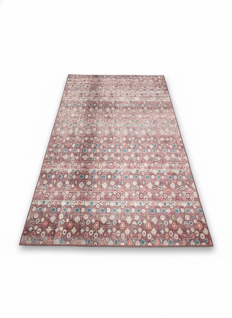 6' x 9' rectangular area rug featuring a rose pink background with teal and ivory geometric transitional patterns.