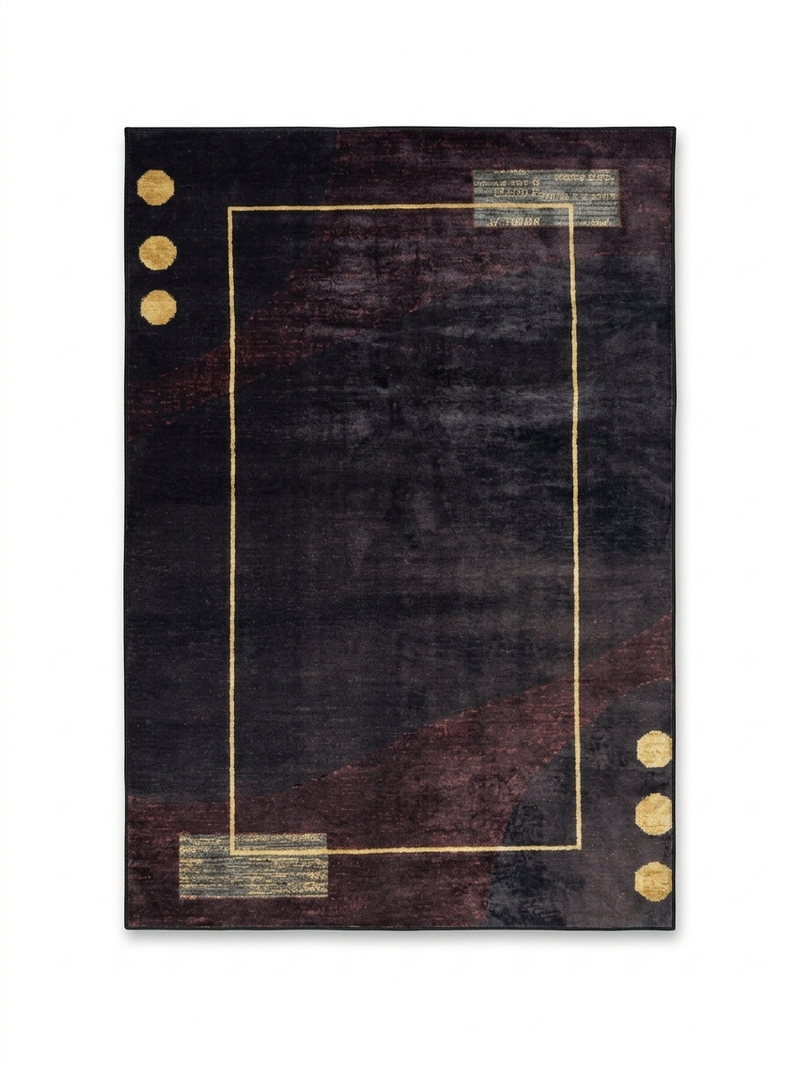 6' x 9' rectangular black & burgundy with gold accents abstract geometric modern area rug isolated on a white background.