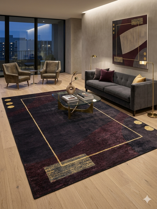 6' x 9' rectangular black & burgundy with gold accents abstract geometric modern area rug placed in a contemporary living room with a gray sofa, glass coffee table, and warm ambient lighting.