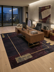 6' x 9' rectangular black & burgundy with gold accents abstract geometric modern area rug placed in a home office with a wooden desk, office chair, and minimalist decor.