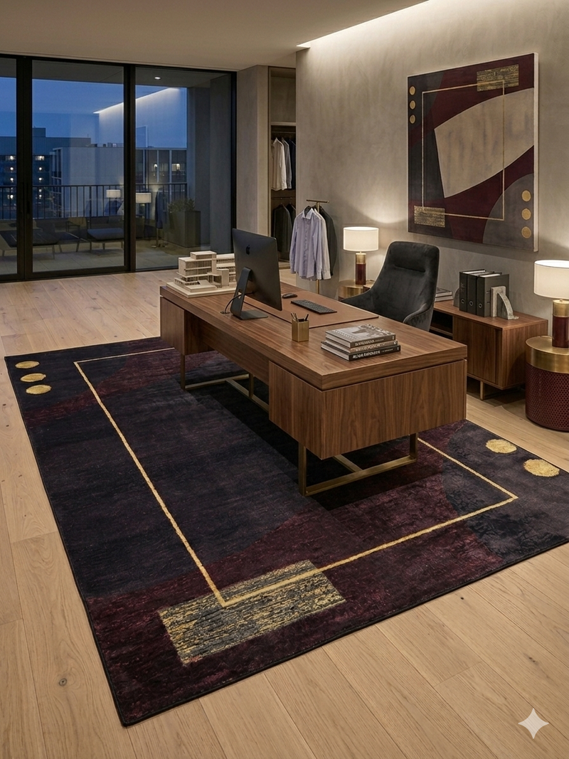6' x 9' rectangular black & burgundy with gold accents abstract geometric modern area rug placed in a home office with a wooden desk, office chair, and minimalist decor.