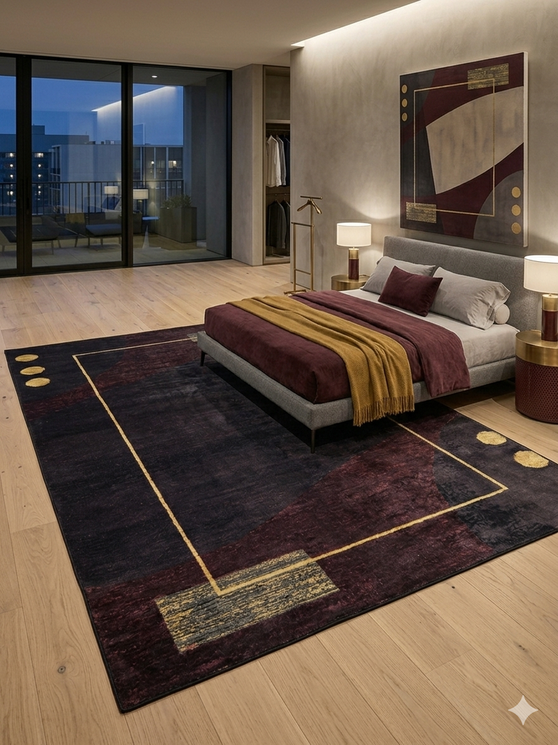 6' x 9' rectangular black & burgundy with gold accents abstract geometric modern area rug styled in a modern bedroom with a low-profile bed, layered bedding, and soft lighting.