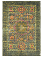 6' x 9' rectangular olive green & multicolor floral medallion traditional area rug isolated on a white background.