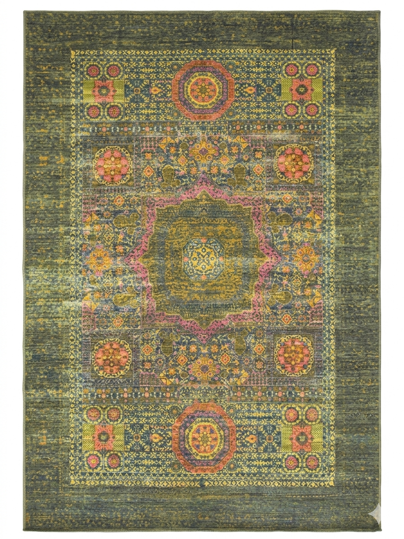 6' x 9' rectangular olive green & multicolor floral medallion traditional area rug isolated on a white background.