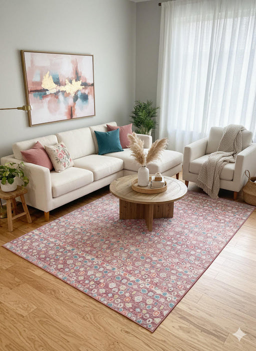 6' x 9' rose pink, teal, and ivory geometric transitional rectangular area rug placed beneath a round coffee table in a cozy living room with neutral seating and soft accent pillows.