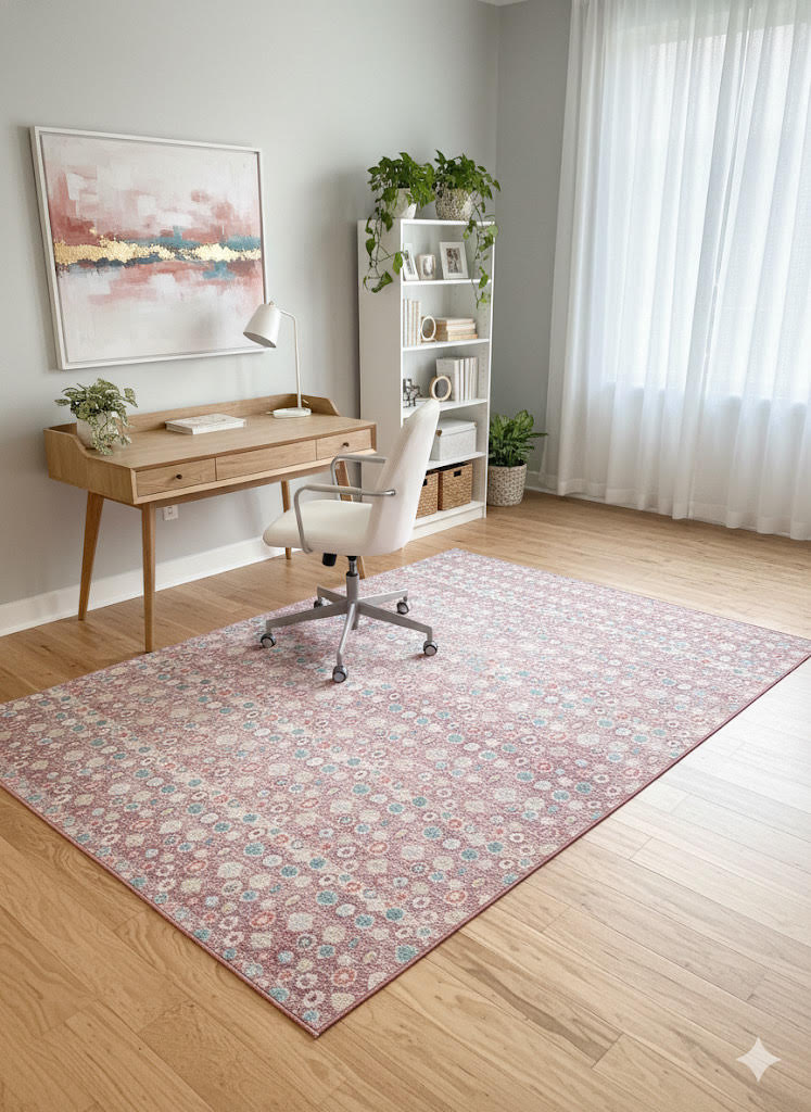 6' x 9' rose pink, teal, and ivory geometric transitional rectangular area rug placed under a wooden desk in a bright home office with soft neutral decor.