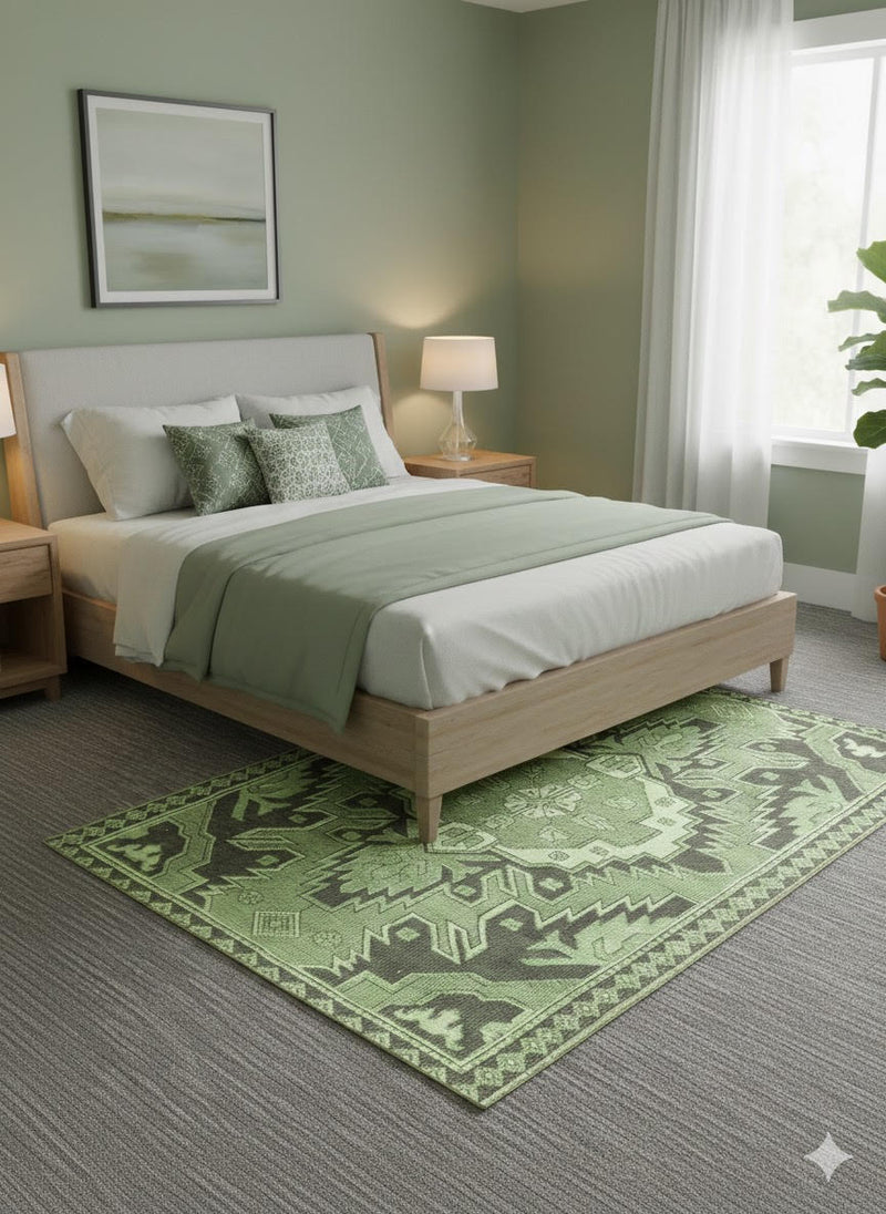 6' x 9' sage and olive green geometric washable area rug styled beneath a bed in a calm bedroom featuring soft green walls and natural wood furniture.