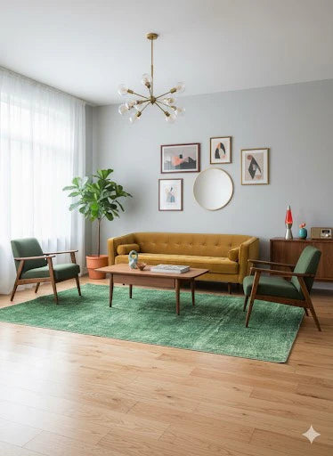 6' x 9' solid grass green rectangular area rug with subtle cream textured detailing styled under a sofa and coffee table in a modern living room.
