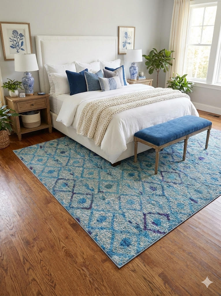 6' x 9' teal blue and light purple geometric modern washable area rug placed under a bed in a fresh bedroom with white bedding, blue accent pillows, and natural wood furniture.