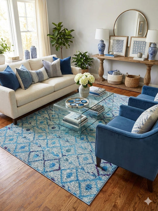 6' x 9' teal blue and light purple geometric modern washable area rug styled in a bright living room with a cream sofa, blue accent chair, glass coffee table, and botanical decor.