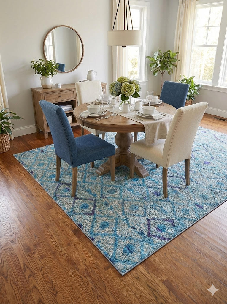 6' x 9' teal blue and light purple geometric modern washable area rug styled under a round dining table with mixed blue and cream chairs in a sunlit dining space.