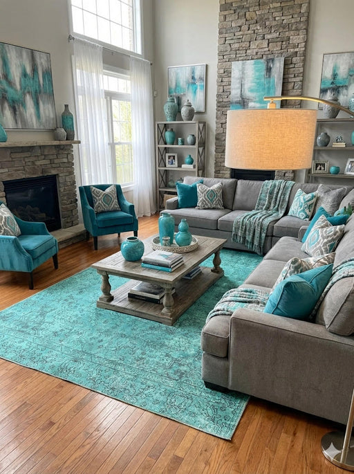 6' x 9' teal blue distressed vintage washable area rug styled in a bright living room with gray sectional sofas, teal accent pillows, and a rustic wood coffee table.