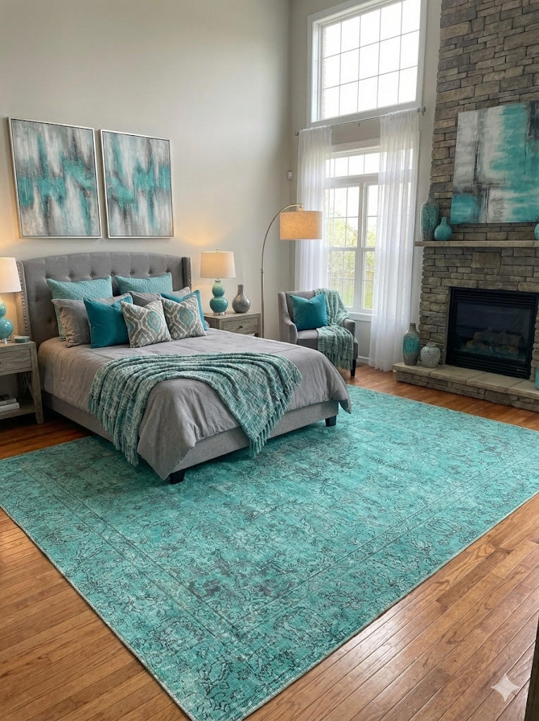 6' x 9' teal blue vintage distressed washable area rug placed beneath a modern bed with teal bedding accents in a spacious bedroom with a stone fireplace.