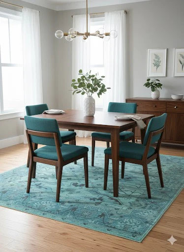 6' x 9' teal soft blue mint green floral vintage rectangular area rug styled beneath a wooden dining table with upholstered teal chairs in a bright dining room.