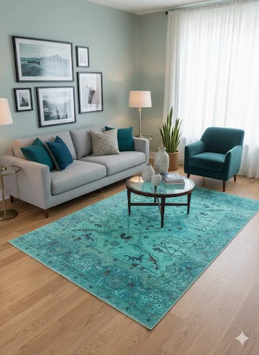 6' x 9' teal soft blue mint green floral vintage rectangular area rug styled in a contemporary living room.