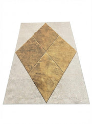 6' x 9' washable area rug featuring a natural beige base with a large tan diamond geometric design in a rustic farmhouse-inspired pattern.