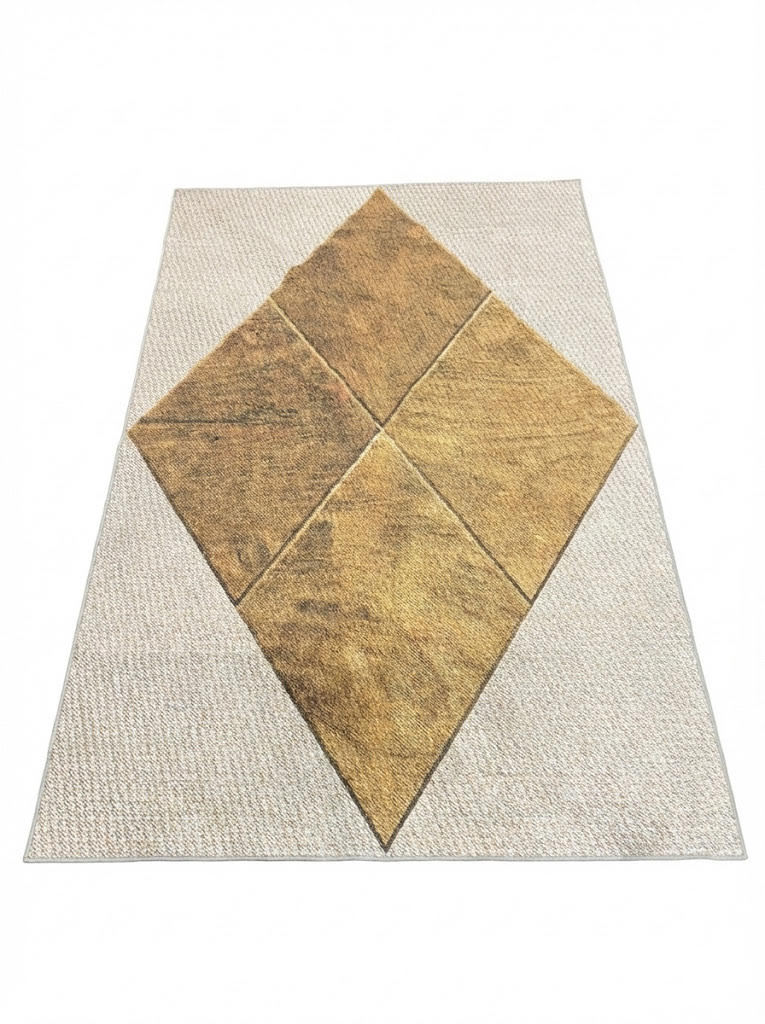 6' x 9' washable area rug featuring a natural beige base with a large tan diamond geometric design in a rustic farmhouse-inspired pattern.