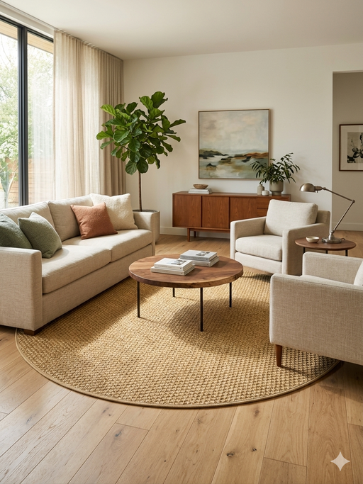 7' Round Beige & Natural Solid Textured Jute-Style Area Rug styled in a living room with neutral seating and warm wood accents.
