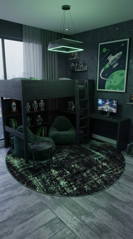 7' Round Black Green Distressed Abstract Modern Washable Area Rug styled in a space-themed bedroom with a loft bed and bean bag chairs.