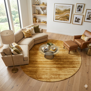 7' Round Gold & Beige Distressed Abstract Modern Area Rug placed in a bright contemporary living room beneath a glass coffee table.