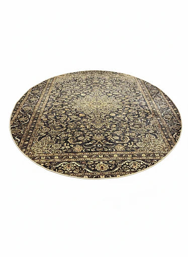 7' Round Navy & Beige Gold Traditional Medallion Area Rug displayed alone on a white background studio setting.