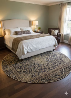 7' Round Navy & Beige Gold Traditional Medallion Area Rug placed / styled in a bright contemporary bedroom