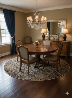 7' Round Navy & Beige Gold Traditional Medallion Area Rug placed / styled in a contemporary dining room under a round wooden table/