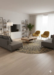 7' Round Navy & Beige Gold Traditional Medallion Area Rug placed / styled in a contemporary living room beneath a wooden coffee table surrounded by gray sofas and mustard accent chairs.