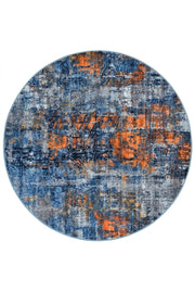 7' Round Navy Blue Orange Gray Distressed Abstract Modern Area Rug featuring a multicolor distressed pattern with navy blue, orange, and gray accents.