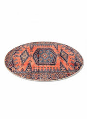7' Round Orange & Navy Blue Tribal Traditional Area Rug displayed alone on a white background studio setting.