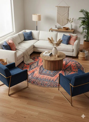 7' Round Orange & Navy Blue Tribal Traditional Area Rug placed / styled in a cozy living room beneath a round wooden coffee table surrounded by a sectional sofa and blue accent chairs.
