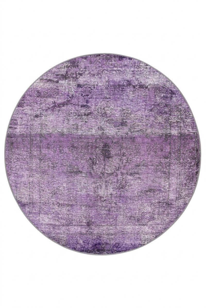 7' Round Purple Lavender Gray Distressed Abstract Modern Area Rug featuring a faded purple and lavender distressed pattern with gray accents.