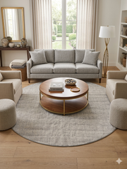 7 ft Round Ivory & Gray Textured Minimalist Modern Washable Area Rug styled in a contemporary living room.