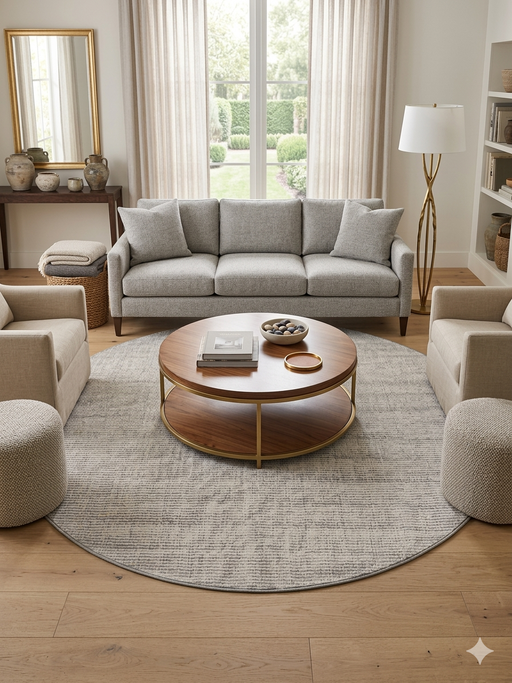 7 ft Round Ivory & Gray Textured Minimalist Modern Washable Area Rug styled in a contemporary living room.