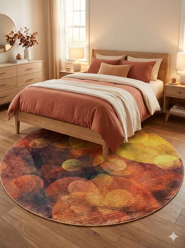 7 ft round abstract multi-color modern area rug placed partially under a bed in a warm bedroom with wood furniture and rust-toned bedding.