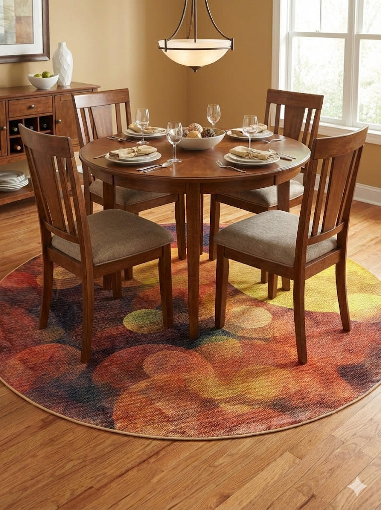 7 ft round abstract multi-color modern area rug placed under a round dining table with wooden chairs in a bright dining area.