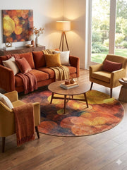 7 ft round abstract multi-color modern area rug styled in a cozy living room with rust and mustard accent seating and a round coffee table.