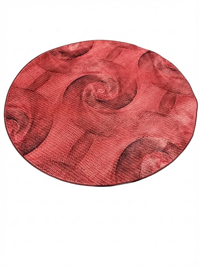 7' round area rug featuring a modern abstract swirl pattern in red and burgundy tones with subtle black shading for added depth.
