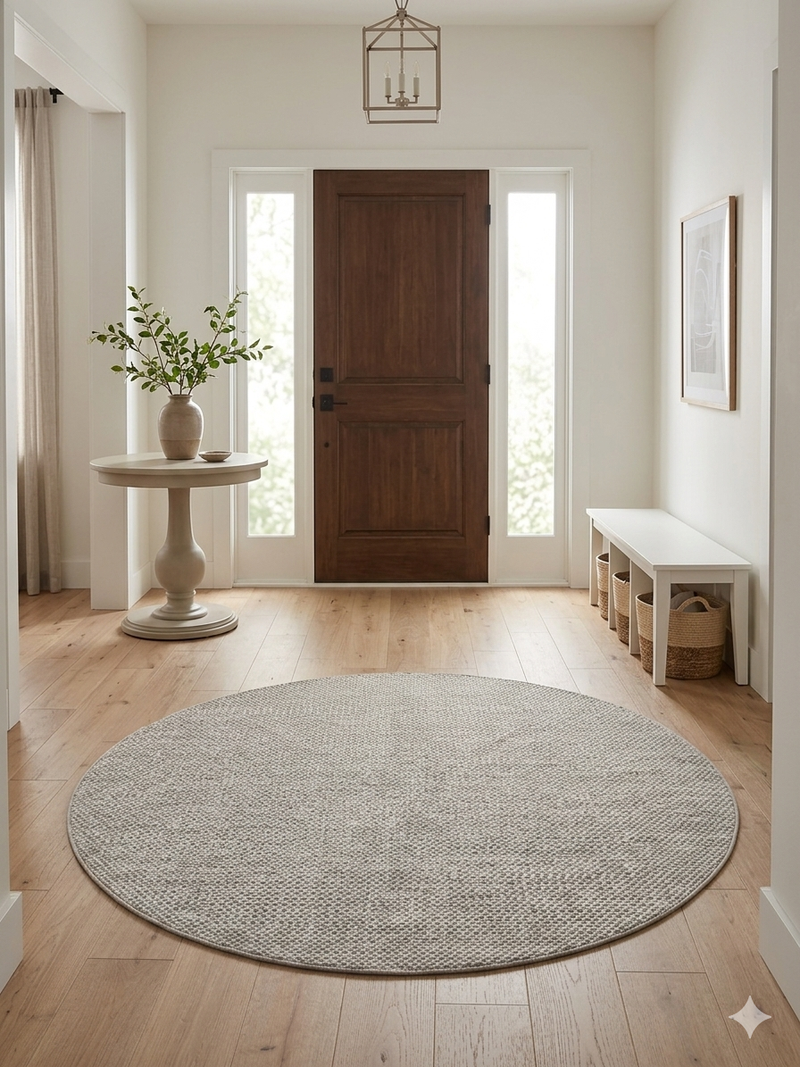 7' round ivory gray micro dot textured modern area rug placed in an entryway with a wooden front door, console table, and minimal decor.