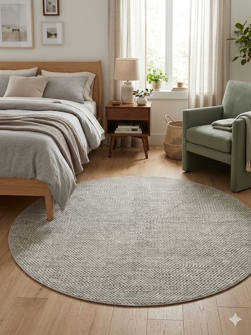 7' round ivory gray micro dot textured modern area rug styled in a bedroom with a wooden bed, soft linens, and natural light from a window.