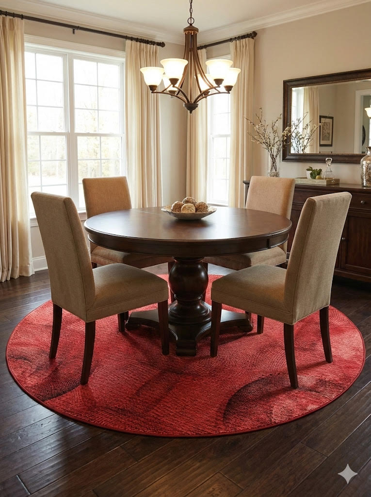 7' round red and burgundy abstract modern area rug placed beneath a round wooden dining table with upholstered chairs, adding warmth and contrast to a bright dining space.