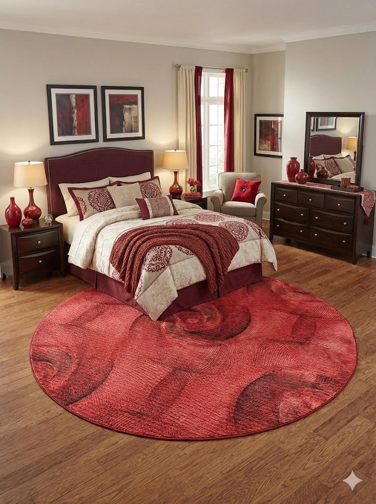 7' round red and burgundy abstract modern area rug positioned under a bed in a coordinated bedroom featuring red accent decor and warm wood furniture.