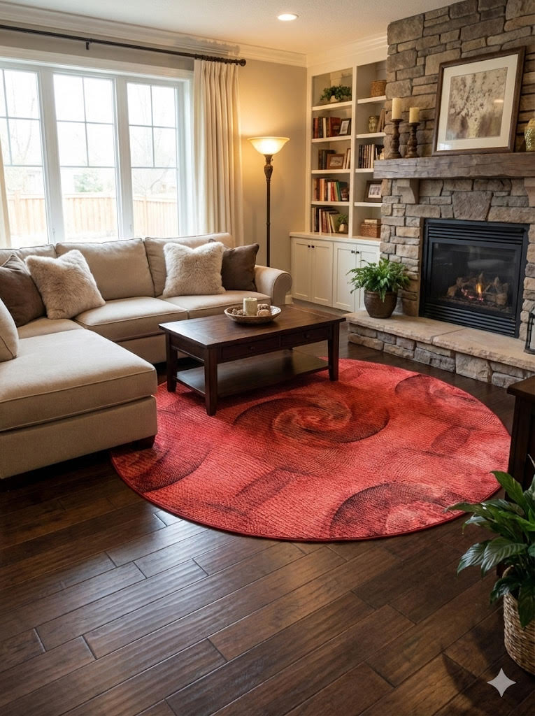 7' round red and burgundy abstract modern area rug with subtle black shading styled in a cozy living room with a neutral sectional sofa, wood coffee table, and stone fireplace.