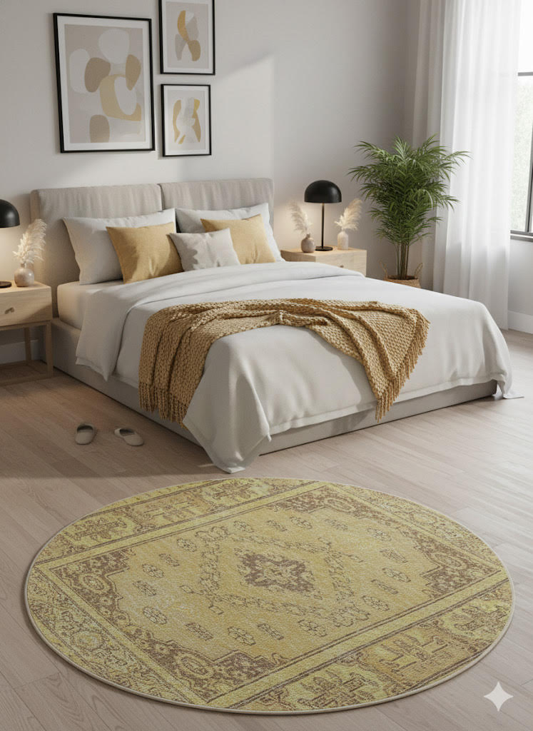 7' round soft yellow and faded olive washable vintage medallion area rug placed in a cozy bedroom with a neutral upholstered bed, soft yellow accent pillows, and natural wood furniture.