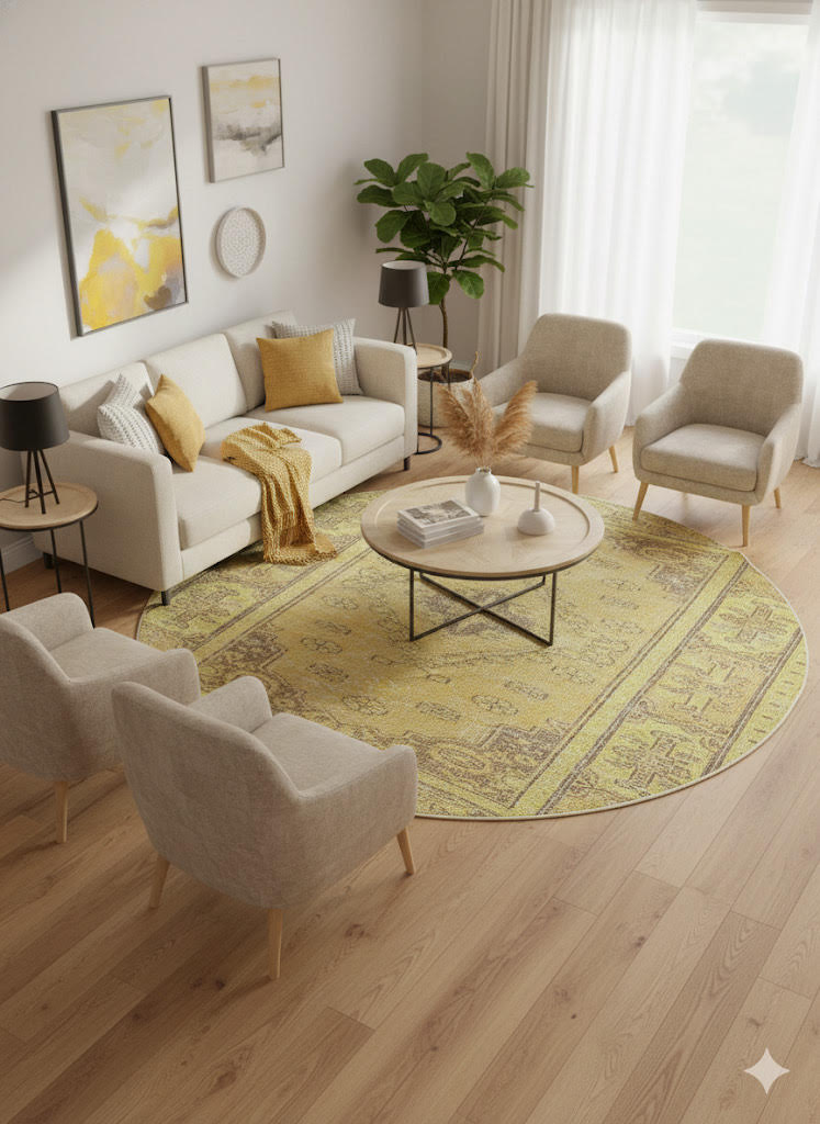 7' round soft yellow and faded olive washable vintage medallion area rug styled in a bright living room with a neutral sofa, light accent chairs, and warm mustard décor accents.