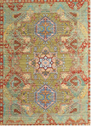 7' x 10' Green Multi-Color Tribal Medallion Traditional Persian Rug product view highlighting the symmetrical medallion motifs and intricate tribal-inspired detailing.