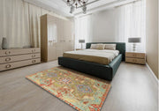 7' x 10' Green Multi-Color Tribal Medallion Traditional Persian Rug styled in a contemporary bedroom, showcasing the vibrant tribal medallion pattern and warm multicolor accents.