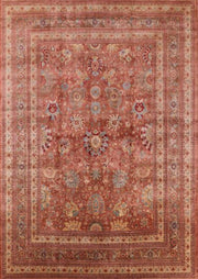 7' x 10' Mid-Century Modern Sunrise Orange Oriental Area Rug full top view showcasing an intricate traditional oriental medallion design with detailed floral motifs, layered decorative borders, and warm sunrise orange, rust, and gold tones.