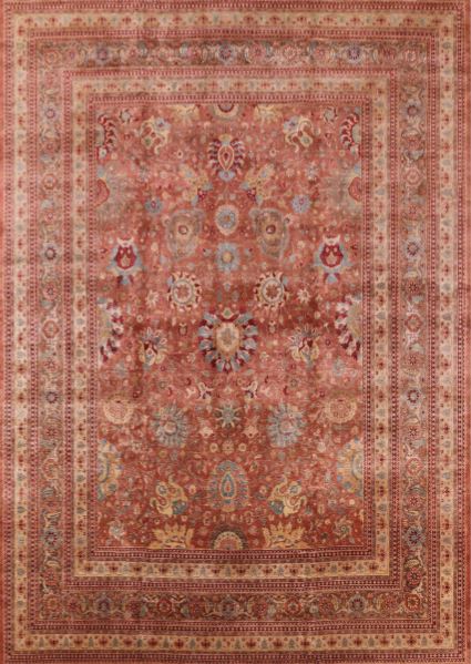 7' x 10' Mid-Century Modern Sunrise Orange Oriental Area Rug full top view showcasing an intricate traditional oriental medallion design with detailed floral motifs, layered decorative borders, and warm sunrise orange, rust, and gold tones.